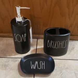 Rae Dunn Soap, Brushes Wash black bathroom